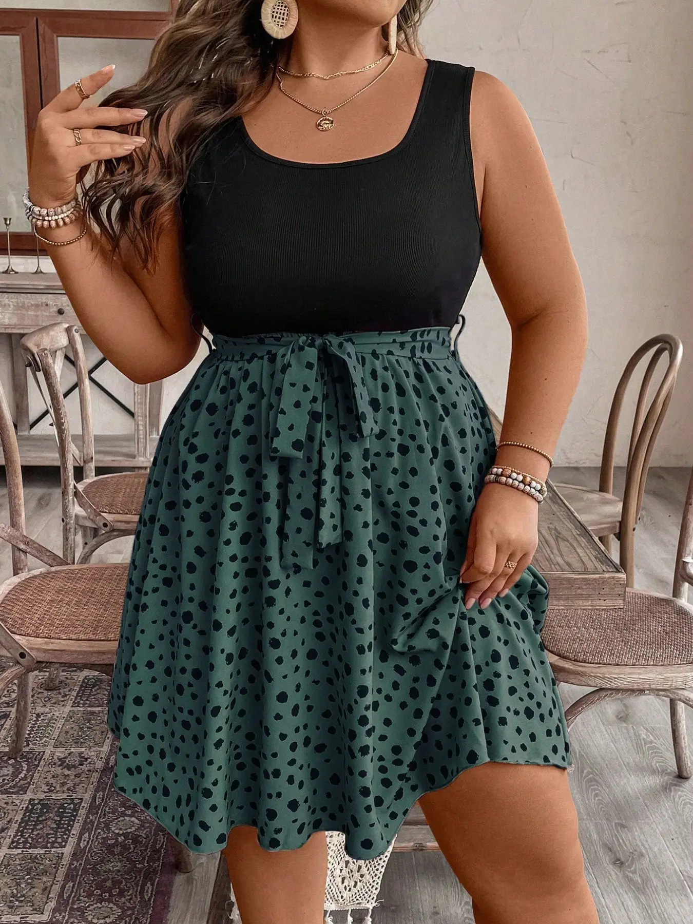 Plus Size Women's Patchwork Tie Front Sleeveless Beach Summer Dress, Stylish, Elegant and Comfortable Casual Wear
