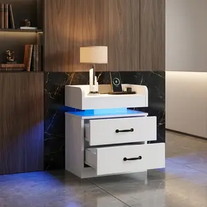 Modern Floating Nightstand with LED Lights & Charging Station, 2 Wooden Drawers Bedside End Table with USB Ports & Outlets, Available in for Bedroom Home