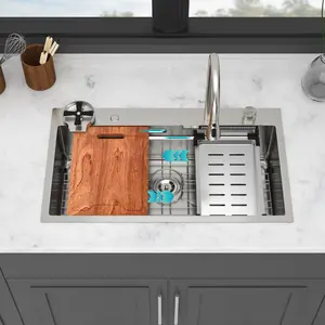 33" Smart Kitchen Sink with Pull-Down Faucet & Cup Rinser - Waterfall Single Bowl, 16 Gauge Stainless Steel Workstation, Top Mount, Includes Accessories