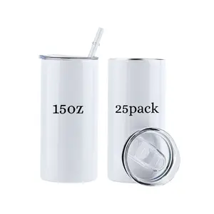 25-Pack 15oz Classic Skinny Straight Sublimation Stainless Steel Tumbler Water Bottles, Portable Bulk Bottles with Lid & Straw, USA Warehouse Stock