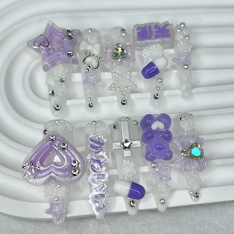 Cute Jirai Kei Purple Extra Long Tip Handmade Press On Nails 3D Star Heart Bow Bear Rose Gyaru Kawaii Y2K Fake Nails Nail Art