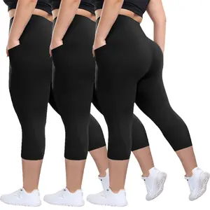 Plus Size Pocket Capri Yoga Pants, Milk Silk High-Waisted Sports Leggings