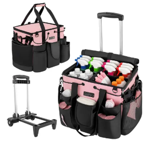 Rolling Cleaning Caddy, Portable Water-Resistant Oxford Tote with Wheels, Shoulder Strap, and Adjustable Dividers for Housekeepers & Busy Individuals
