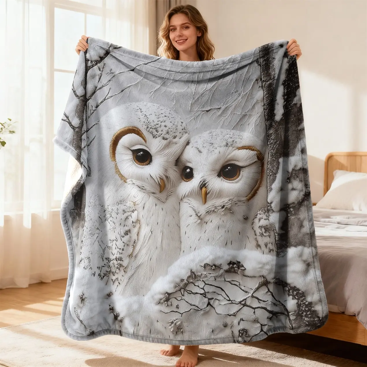 White Owl Flannel Throw Blanket, Ultra-Soft Snowy Owl Print Fleece Blanket for Couch Bed Sofa Travel Camping, Cozy Wildlife Home Decor, Heavyweight All Season Plush Blanket, Birthday Christmas Holiday Gift for Animal Lovers
