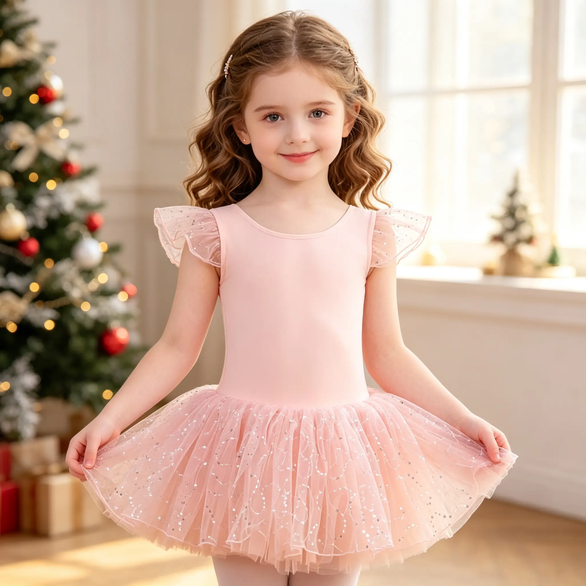 Girls Soft Pink Ballet Leotard Tutu Dress Sheer Glitter Fly Sleeve Stretchy Fabric For Dance Class Training Stage Show Birthday Party Photo Shoot
