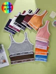 Random 4-Pack Cute Girl Backless Fashion Bras, Colorblock Wide Border, Sweet Letter Waistband, Ribbed Stretch Strapless, All-Season Casual Wear, Letter Print Underwear, Girly