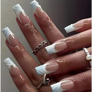 Ocean Gradient French Tip Press On Nails Long Coffin Shape 5D Embossed Shell Design Blue White Ombre Glossy Fake Nails Full Cover False Nails For Women 24PCS