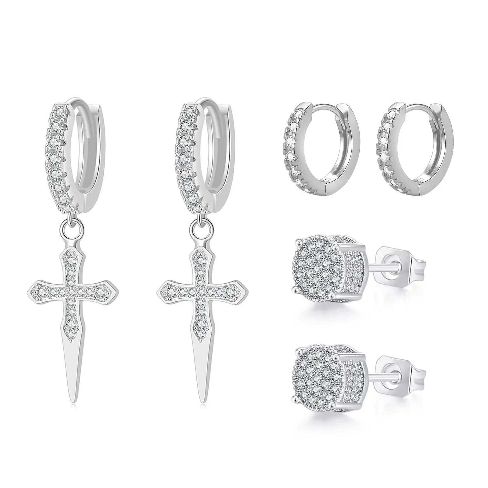 OIDEA Cubic Zirconia Earring Set for Men and Women, Cross Charm Hoop and Round Stud Earrings, Hypoallergenic Silver Tone Everyday Jewelry