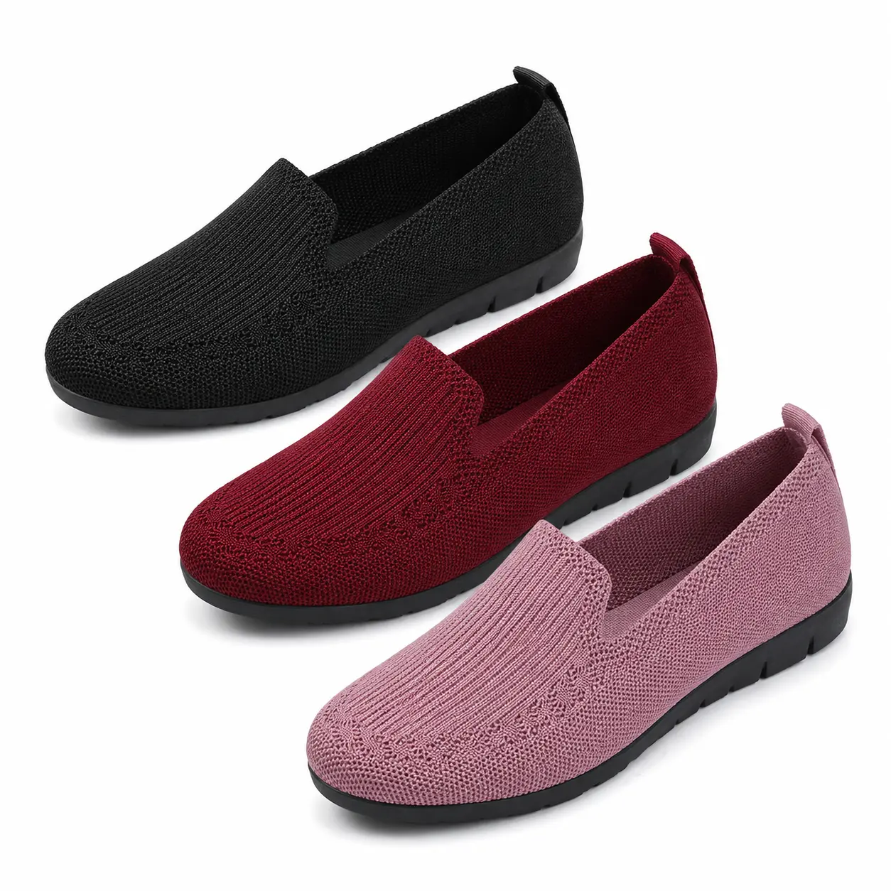 Women’s Knit Slip-On Loafers - Round Toe, Knit Fabric, Synthetic Material, Flexible, Lightweight Comfortable Walking Casual Everyday Flats for Women, Eva, Breathable, Women's Shoes
