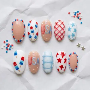 USA Popsicle Press On Nails, 4th Of July Nail Set, Summer Picnic Cowboy Nail Art
