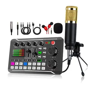 F998 Podcast Equipment Bundle with Audio Interface, BM800 Condenser Microphone, Metal Tripod Stand, USB Cable, Card Slot, Button-Controlled Professional Audio Mixer for Gamers, Studio Vocal Recording