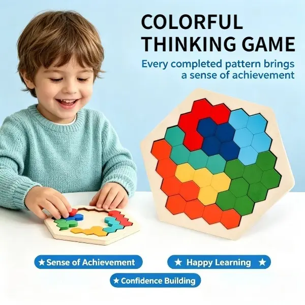 Colorful Hexagonal Wooden Puzzle Toy - Multi-Level Bright Colored Blocks with Colorful Hexagonal Frame, Geometric Cognitive Toy for Kindergarten Classroom, Picnic & Miniature Home Desktop Decoration