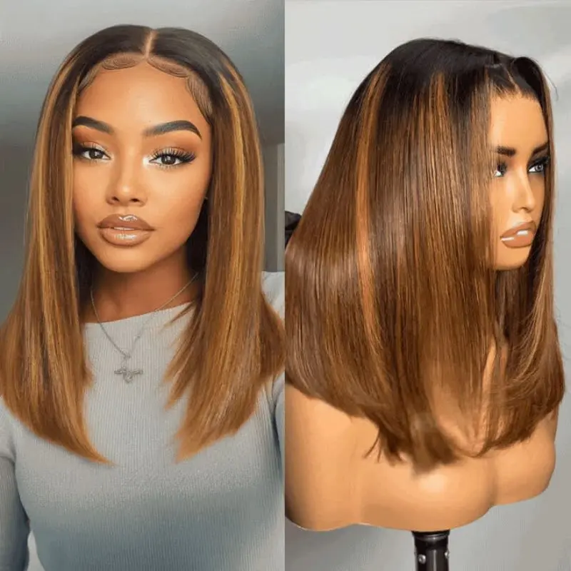 【LIVE SALE】Unice 13x4 200% Piano Brown Highlight Straight Bob Wig with Dark Roots Pre everything Human Hair Wigs with Drawstring