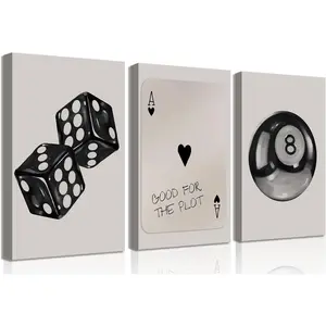 3 Pieces Black and White Poker Dice Canvas Wall Art, Retro Y2K Funky Art, Modern Ready-Made Pictures, Lucky 8 Ball Poster, Art Prints, Living Room Painting