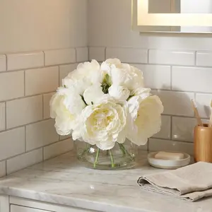 Artificial Peonies Flowers with Vase, White Silk Peony Bouquet with Faux Water in Glass Vase, Lifelike Fake Peonies Floral Arrangement for Table Centerpiece, Wedding, Home Living Room Decor