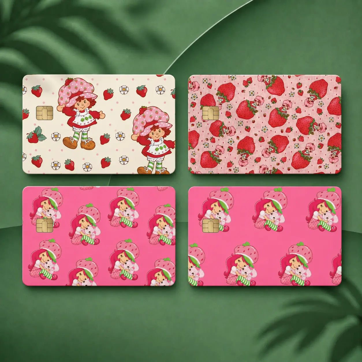 Cute Strawberry Girl Card Skin Set - Retro Cartoon Character Sticker Wrap for Debit Credit Bank Card, Fan Gift Pack of 4
