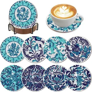DIY Diamond Arts Colorful Painting Coasters Kit, 8 Counts/set Flower Pattern Coasters with Holder, DIY Decorative Coasters for Home Office, Wooden Coasters
