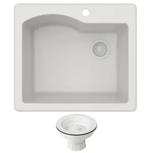 212 MAIN Quarza 25 Granite Kitchen Sink, Heat-Resistant, Easy-Clean, Dual-Mount, Single-Bowl with Strainer, White