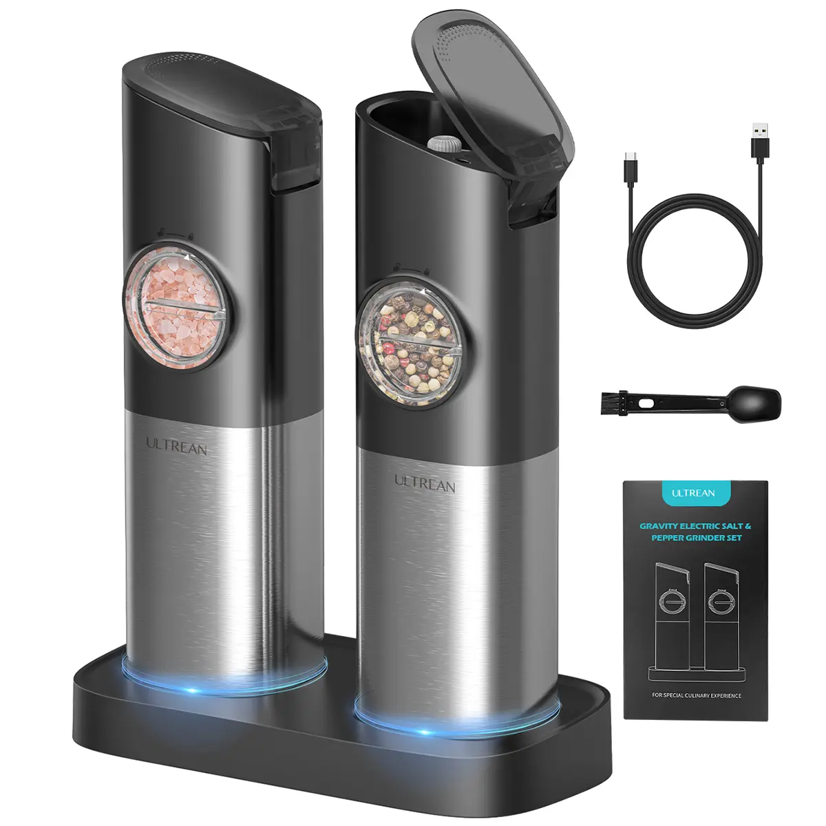 Ultrean Electric Salt & Pepper Grinder Sets, 2pcs Rechargeable, Adjustable, Modern Stainless Steel Construction, Seasoning Auto Dust Lids, LED one-hand operation Kitchen Utensils