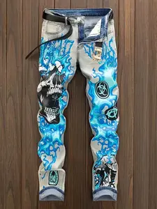 Men's Skull Print Denim Jeans, Regular Fit Casual Comfy Pencil Pants, Graphic Pants for Daily Wear, Fashion Men's Bottoms for All Seasons
