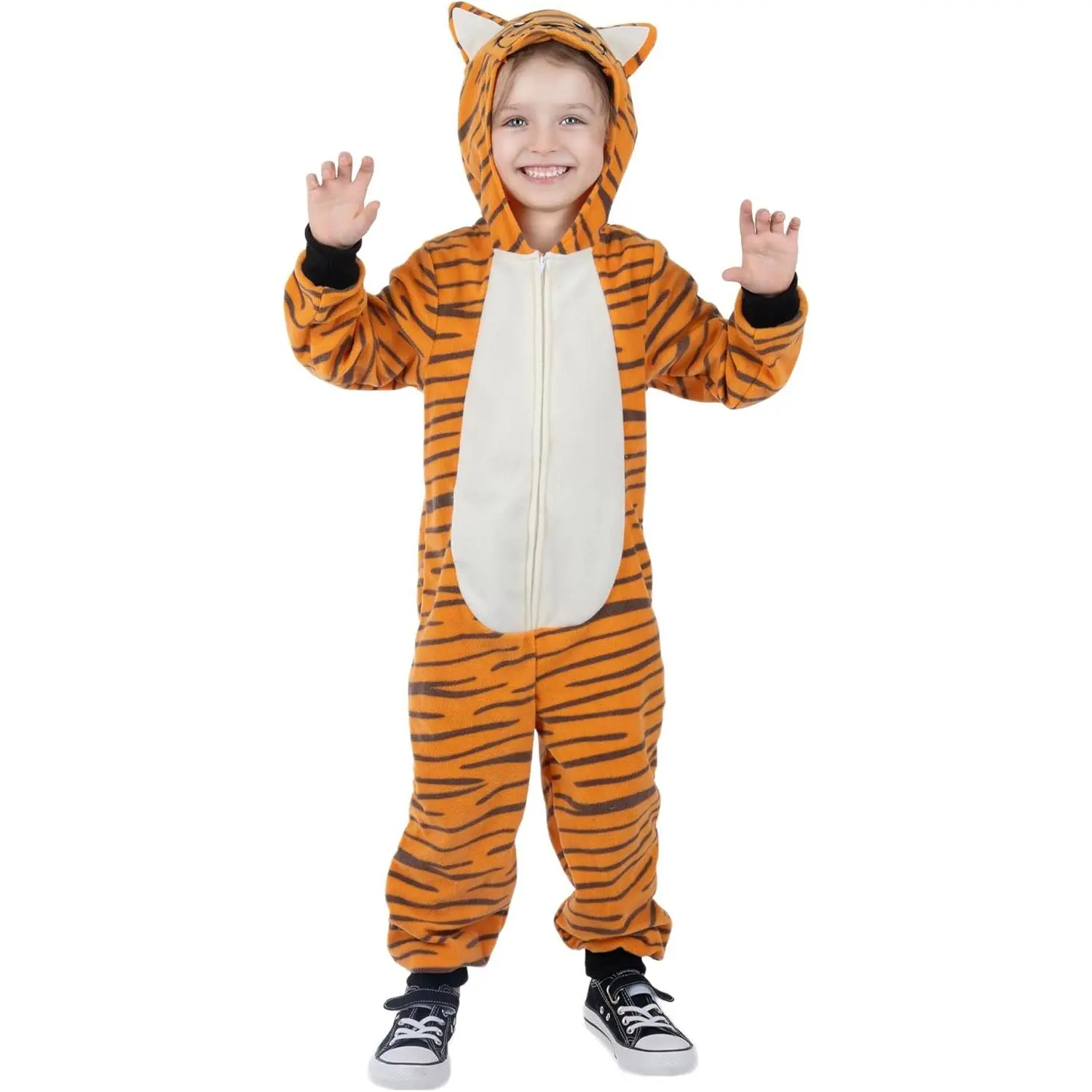Kids' Fleece Tiger Onesie Costume, Warm Hooded Jumpsuit with Embroidered Face for Animal Theme Dress Up & Chilly Wear, Multi-Size, Polyester, Cosplay, Machine Washable, Full Length, Middle Thickness Fleece, Super Soft
