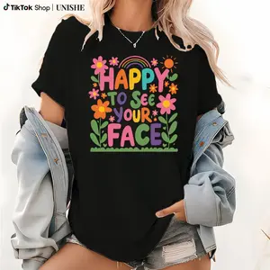 [Vibrant Teacher T-Shirt] Vibrant Floral Rainbow Teacher T-Shirt - Cheerful "Happy to See Your Face", 100% Casual Round Neck, Short Sleeve - Perfect for Spring/Summer/Fall