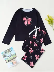 Autumn Winter New Bow Print Women's Pajama Set Loungewear, Round Neck Design, Comfortable Breathable Fabric, Casual Fashion Two-Piece Sleepwear