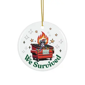 We Survived Dumpster Fire 2025 Ornament Ceramic Holiday Decoration Funny Christmas Gift Survivalist 2025 Whimsical Raccoon Glossy Finish Gold String