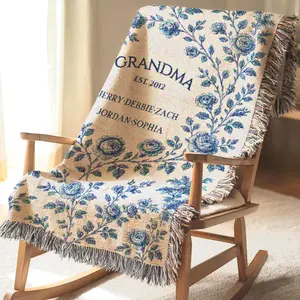 Vintage Floral Blanket For Grandma Woven Throw Grandkids Names Heirloom Gift Blue Toile Bedspread Custom Family Gift For Mother's Day