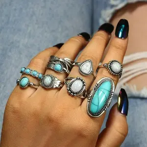 8pcs Vintage Blue Turquoise Antique Silver Ring Set