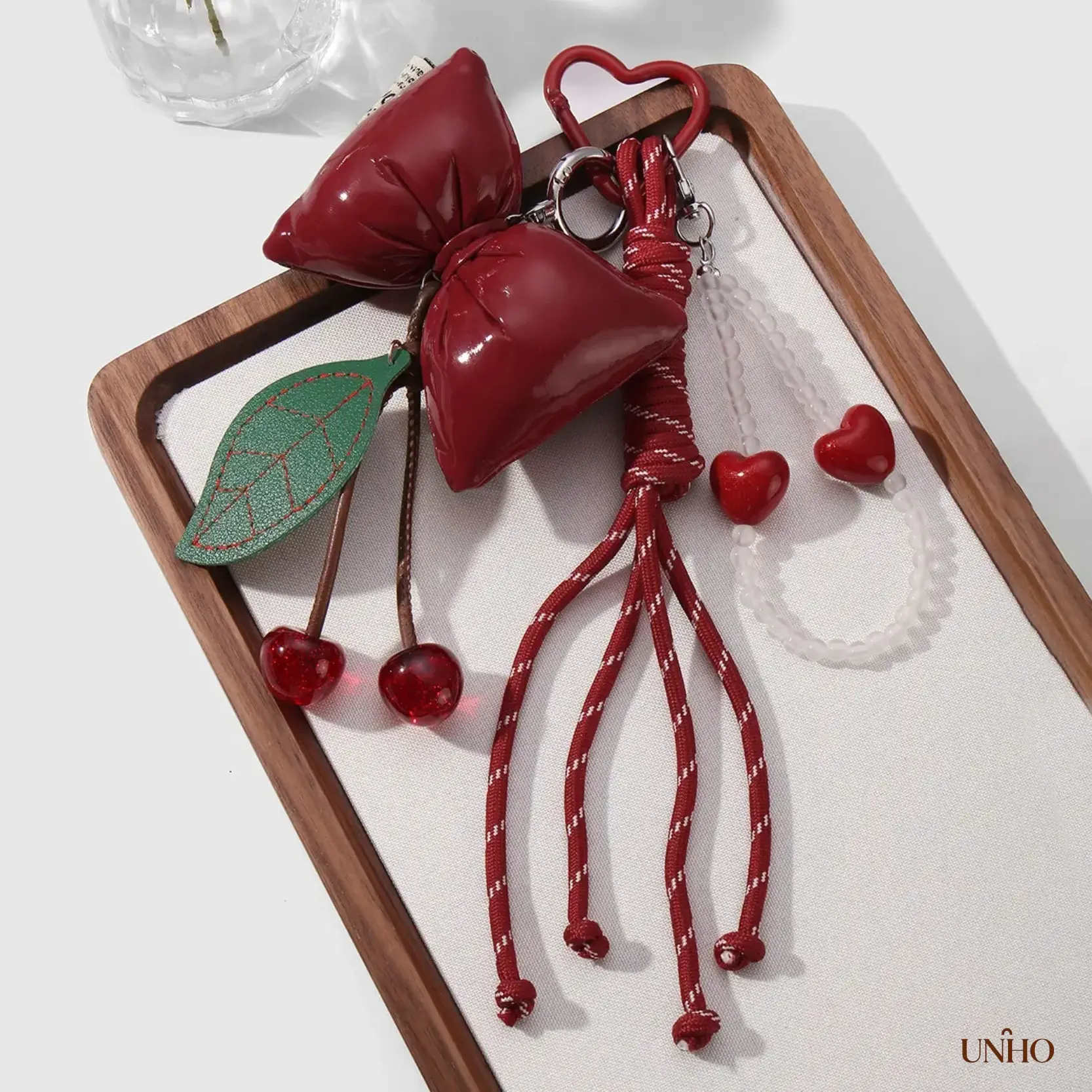 Women's Miu-Style Beaded Heart Bag Charm Key Ring - Cute Adjustable DIY Bag Accessory, Multicolor CCB Leather Bow Leaf Cherry Woven Cord, Elevate Your Style for Driving/OOTD, Chic Holiday Gift (1Pc), Cute Diy Bag Accessories