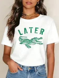 Crocodile Pattern T-Shirt, Casual Short Sleeve Round Neck Top, Vintage Faded Crocodile Print, Women's Southern Style Daily Wear