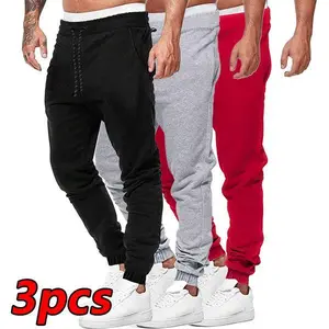 Men’s jogger/sweatpants — solid color, flat front, elastic waistband, drawstring, ribbed ankle-length casual sports trousers; beige; plain men’s long pants