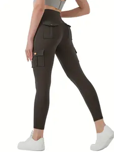 Women's High-Waisted Elastic Slim-Fit Yoga Pants, Multi-Pocket Fitness Leggings, Quick-Dry Running & Gym Wear, Spring & Fall, Workout Athletic Leggings, Gymswear