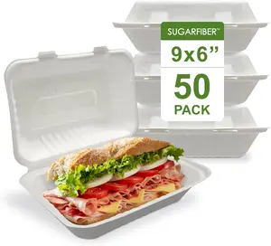 [50 COUNT] 9 X 6" inch White Compostable Square  Container, Disposable Single Compartment Clamshell Takeout Box, Made from Eco-Friendly Bagasse Plant Fibers