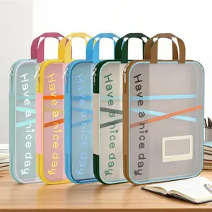 A4 Zippered File Bag, File Folder, Document Organizer, Triple Layer Thick Gauze Design, Transparent Nylon Material, Colorful Handle, Perfect for School Exams & Office Use, Office Accessories, Files Organizer