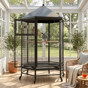 69" Extra Large Bird Cage for Parrots, Heavy Duty Metal Aviary on Wheels with Rolling Stand & Slide-Out Trays for African Greys, Cockatoos, Conures, Macaws, Indoor Outdoor