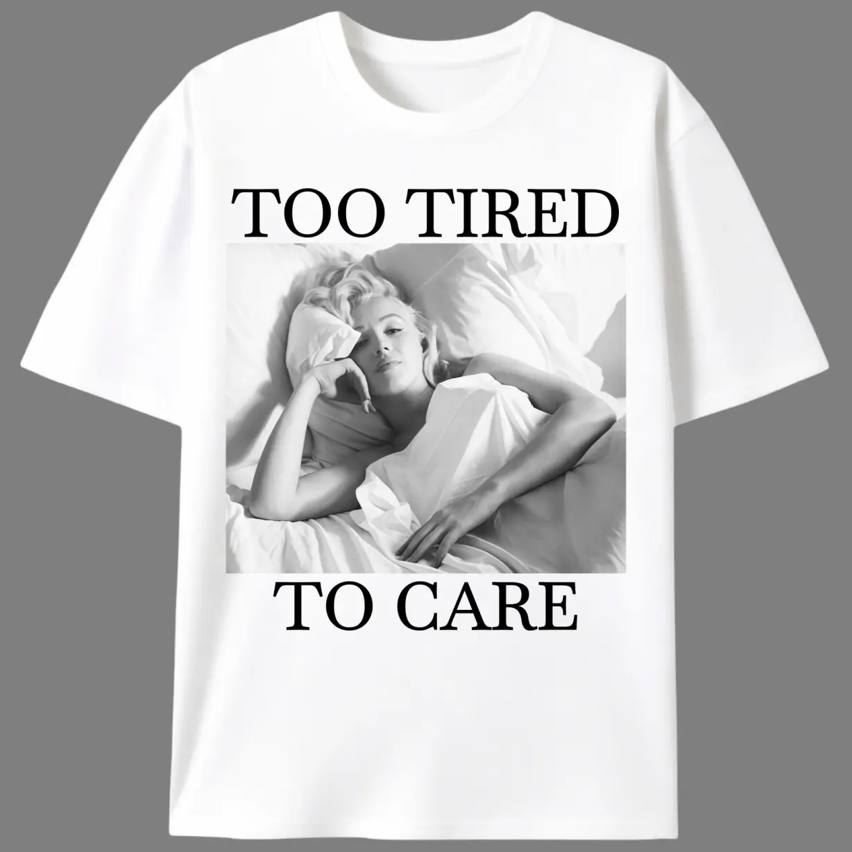 Women's Fitted Shortsleeve Cotton Knit Round Neck Tshirt - Casual Summer Clothes with Marilyn Monroe "Too Tired" Print, Breathable Fabric