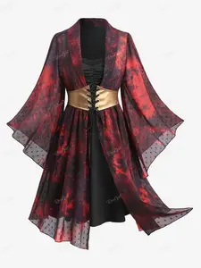 Rgothic Plus Size Lapel Collar Flare Sleeves Spotted Jacquard Tie Dye Ruched Lace Up Belted 2 in 1 A Line Dress goth cowgirl outfits