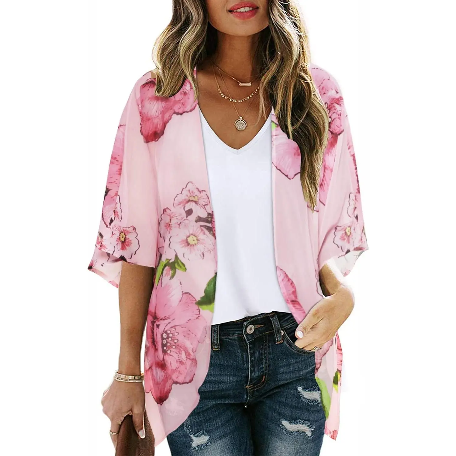Women's Puffed Sleeve Floral Print Kimono Cardigan - Black Red Rose, Open Front, Loose Fit, Airy Soft Lightweight Fabric, Honeymoon Holiday Casual Cover-Up Blouse Top, Hand Wash Only