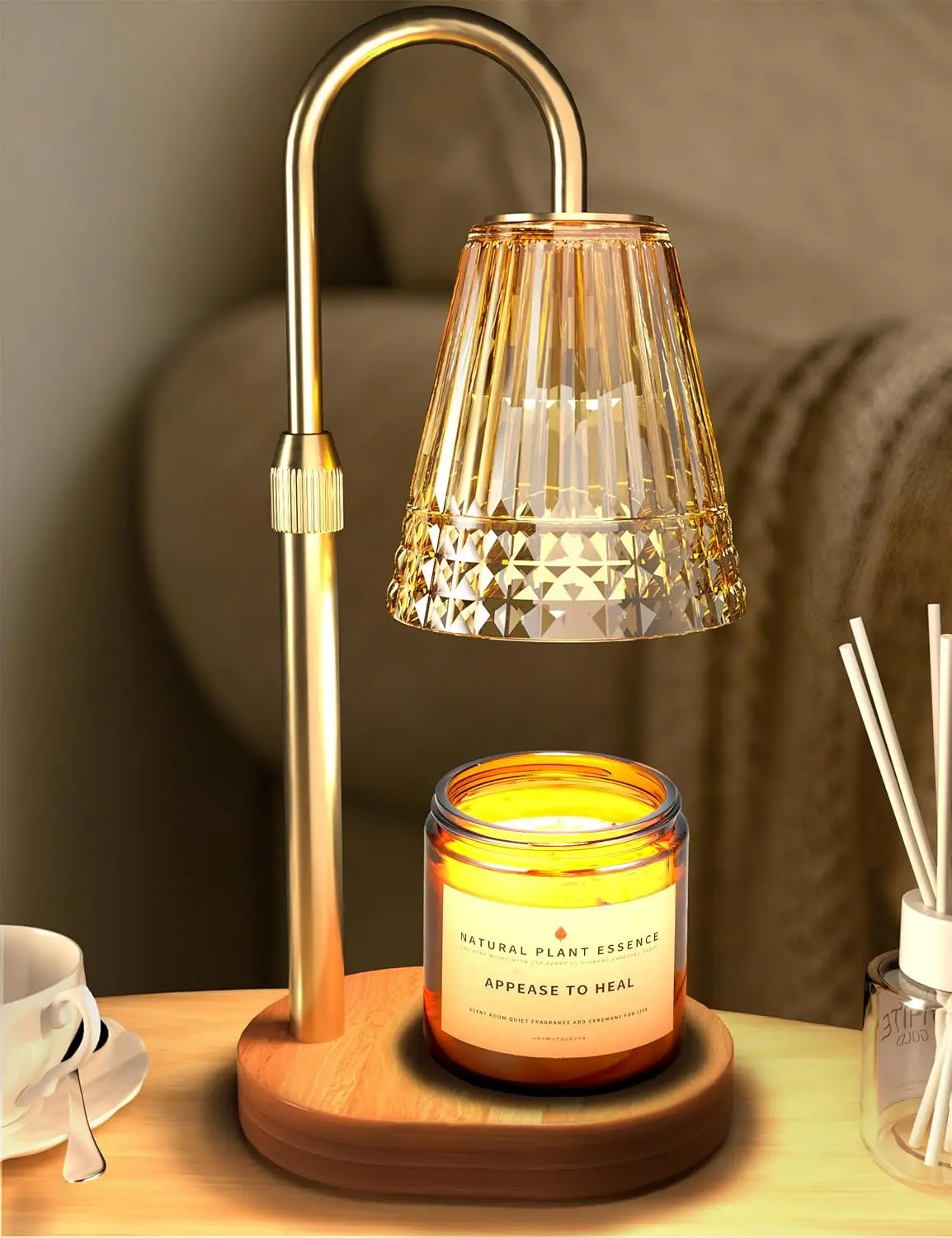 Candle Warmer Lamp with Timer, Dimmer, Height-Adjustable Design, Golden Glass Shade, Wooden Base, 2 Bulbs - Wax Melting, No Flame, No Soot - Luxury Look Indoor Home Camping Light, Ideal Housewarming Gift for Women, Indoor Lighting, Female Gifts, Glass & W