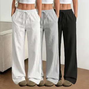 3-Pack Solid Color Lyocell Linen Wide-Leg Pants, High-Waisted Elastic Drawstring Style, Versatile Casual Long Pants