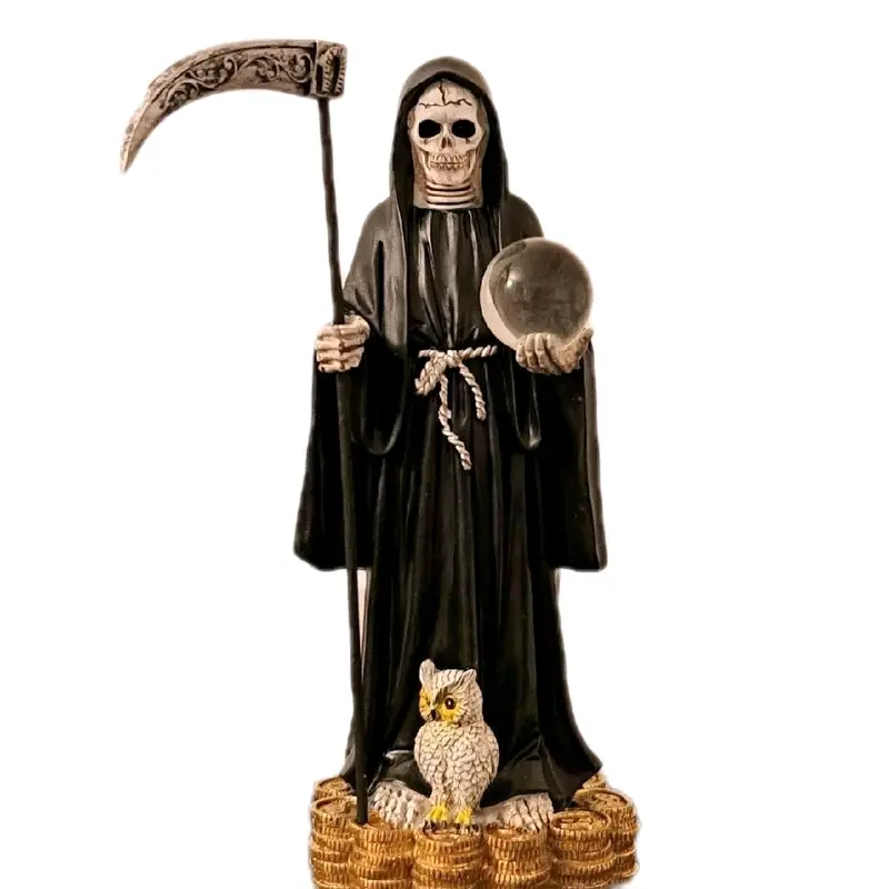 13 inch coins Santa Muerte Statue with Coins and Owl - Colorful Robe Design - Decorative Figurine for Home Office and Business - Vibrant Religious Ornaments in Black Decoration Intriguing