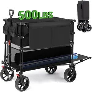 Double Decker Wagon, 400L  Beach Wagon with Big Wheels for Sand, 500LBS Heavy Duty Collapsible Cart with Tailgate, Utility Carts Foldable for Beach,