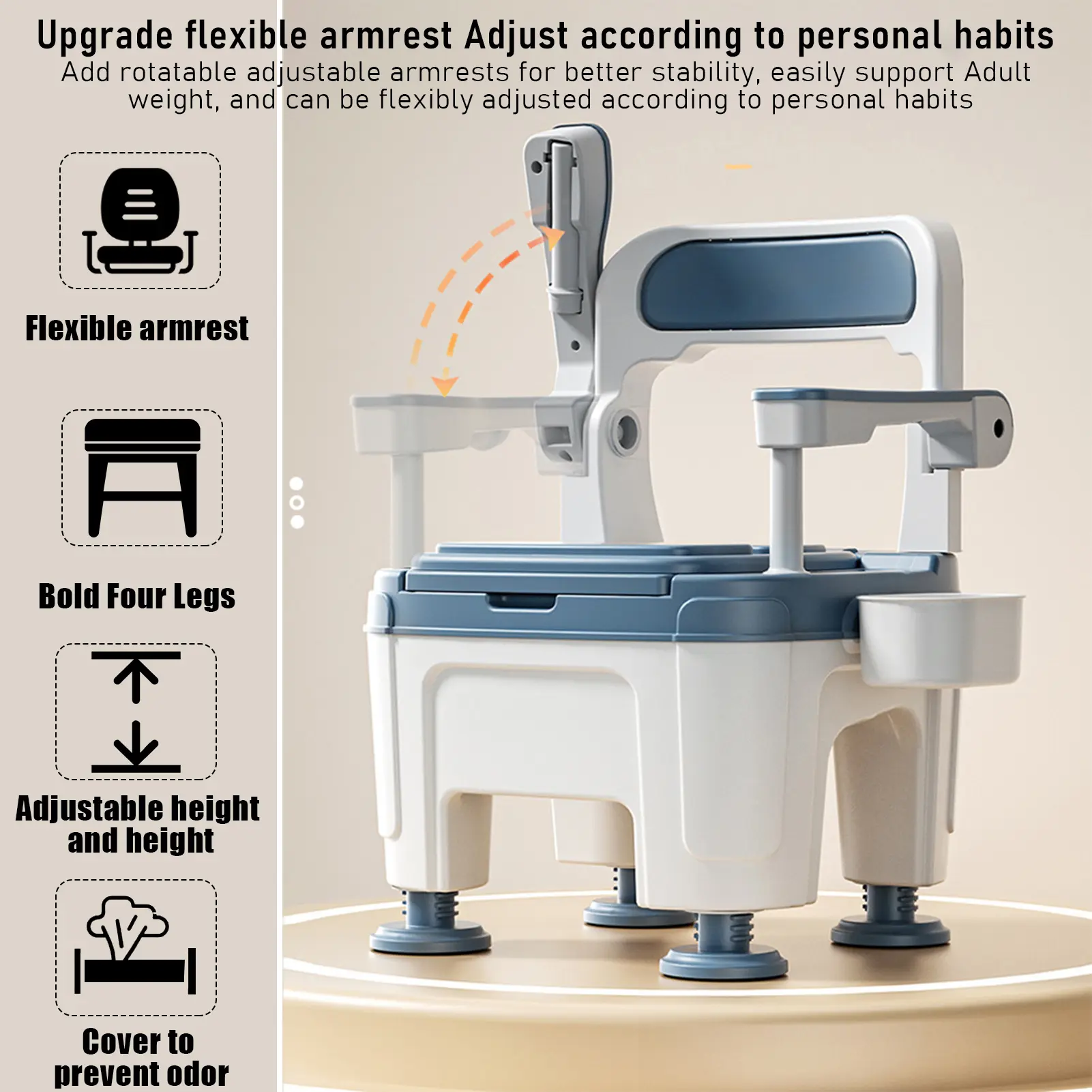 Height-Adjustable Portable Toilet for Seniors, Plastic Indoor Bathroom Safety Potty Chair with 882lbs Capacity, Adjustable Handles, Anti-Slip Footpads & Tool-Free Setup