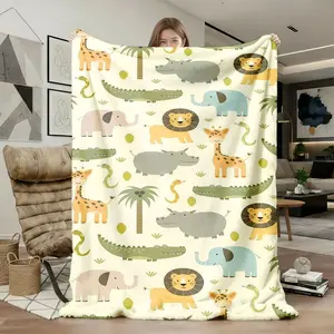 1pc Safari Wildlife Animal Pattern Flannel Fleece Blanket, Super Soft Cozy Warm Throw for Bed, Couch, Sofa, Office Nap, Travel, Camping, Luxury Home Decor, Perfect Gift Idea.