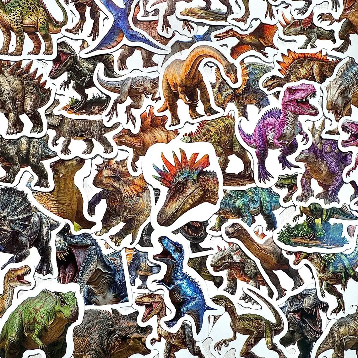 50-Piece Realistic Jurassic Prehistoric Dinosaur Vinyl Sticker Pack, Meme Decals for Toys, DIY Scrapbooking & Stamping