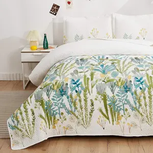 Full/Queen Size Floral Set Lightweight Bed Green Yellow Leaves Botanical Bedspread Daybed Cover Coverlet Cabin Floral Bed Cover Blanket Rural Blossom Bedroom Decor