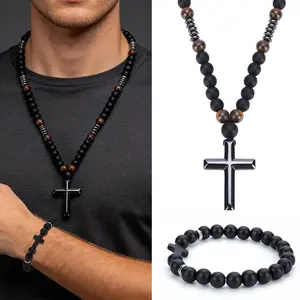 2PCS Cross Pendant Necklaces & Bracelet Set Handmade Matte Tiger Eye Stone Beads Cross Pendant Elastic Natural Stone Beads Bangle Cross Bracelet Daily Vacations, Party Wear, Jewelry Valentine's Day Gift