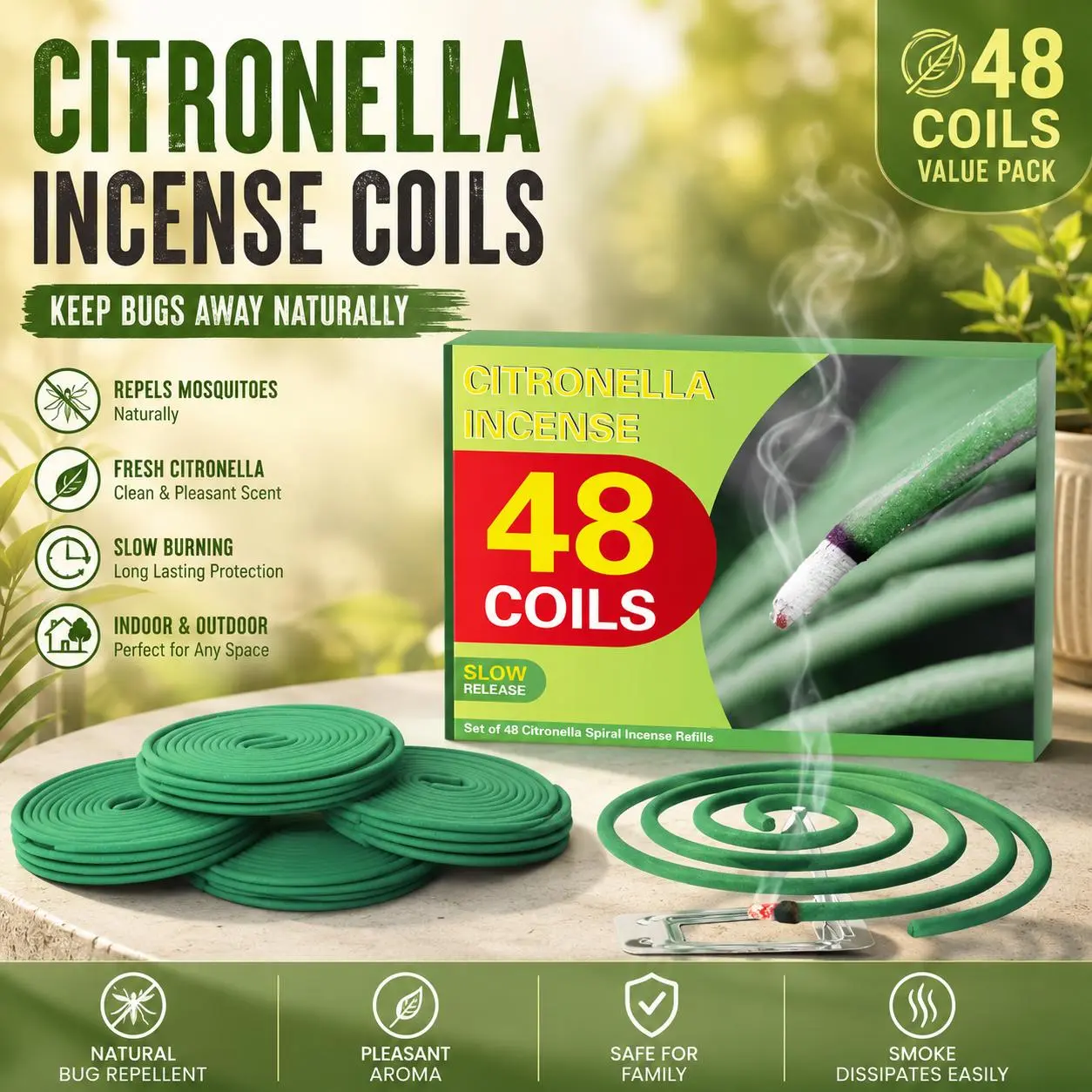 All Natural Handmade Citronella & Lemongrass Scented Incense Coils - 48-Count Set with Coil Stand, Holder, Slow Burn Aroma for Outdoor Camping, Patio, Ideal Hostess Gift, Home Care Supply, Room Scents